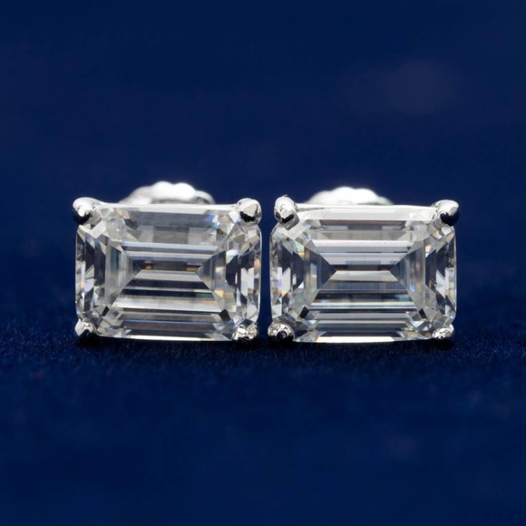 2 Carat DEW Emerald Cut Moissanite Stud Earrings in Sterling Silver (Certified) - Picture 4 of 8